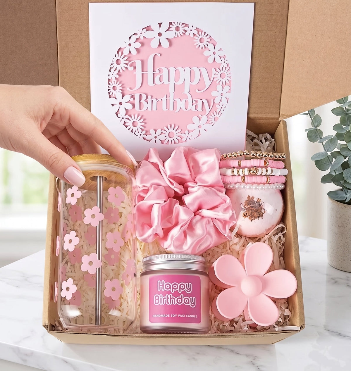 Blush Birthday Celebration Gift Set with flower tumbler and bath bomb