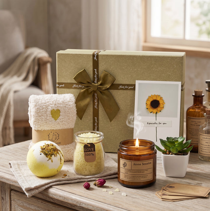 Everythingifts Sunbeam Comfort Gift Set with aroma candle, bath salts, cozy socks, and succulent