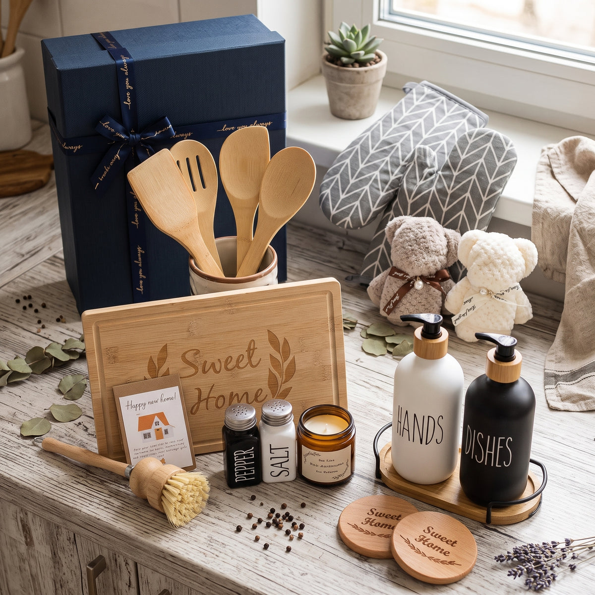 Everythingifts Sweet Home Kitchen Gift Set with Engraved Cutting Board, Oven Mitts, and Soap Dispensers