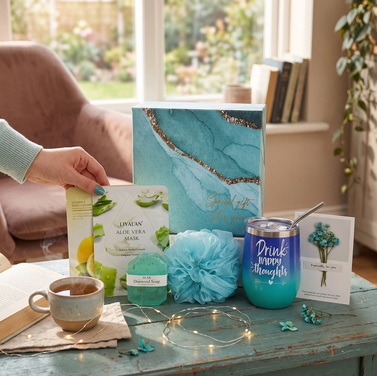 Everythingifts Ocean Bloom Spa Gift Set with Diamond Soap, Bath Puff, and Dried Flower Tumbler