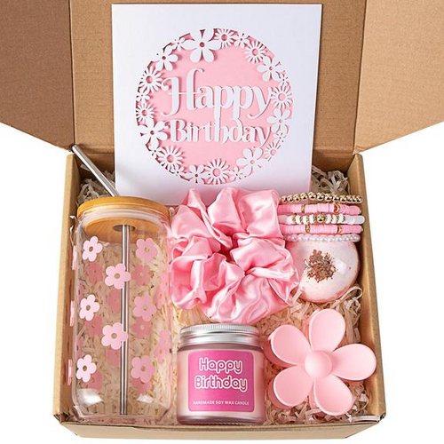 Everythingifts Blush Birthday celebration gift set with flower tumbler, bath bomb, and scented candle