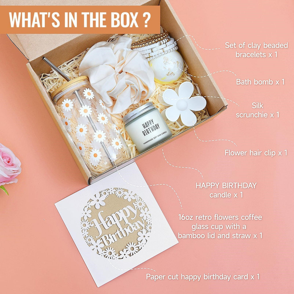 Everythingifts Blush Birthday celebration gift set with flower tumbler, bath bomb, and scented candle
