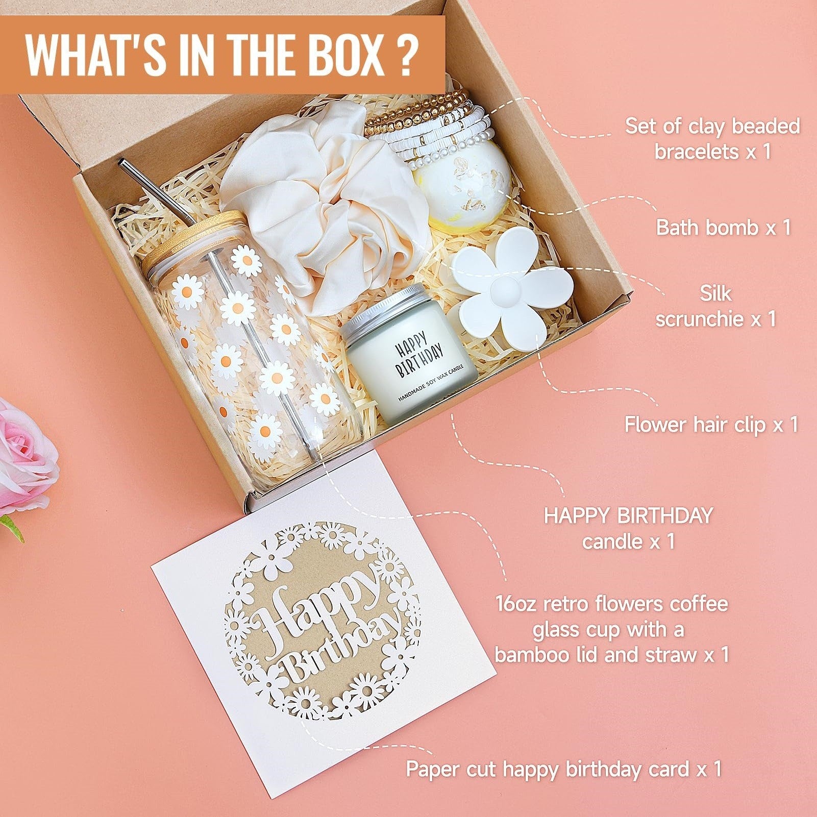 Everythingifts Blush Birthday celebration gift set with flower tumbler, bath bomb, and scented candle