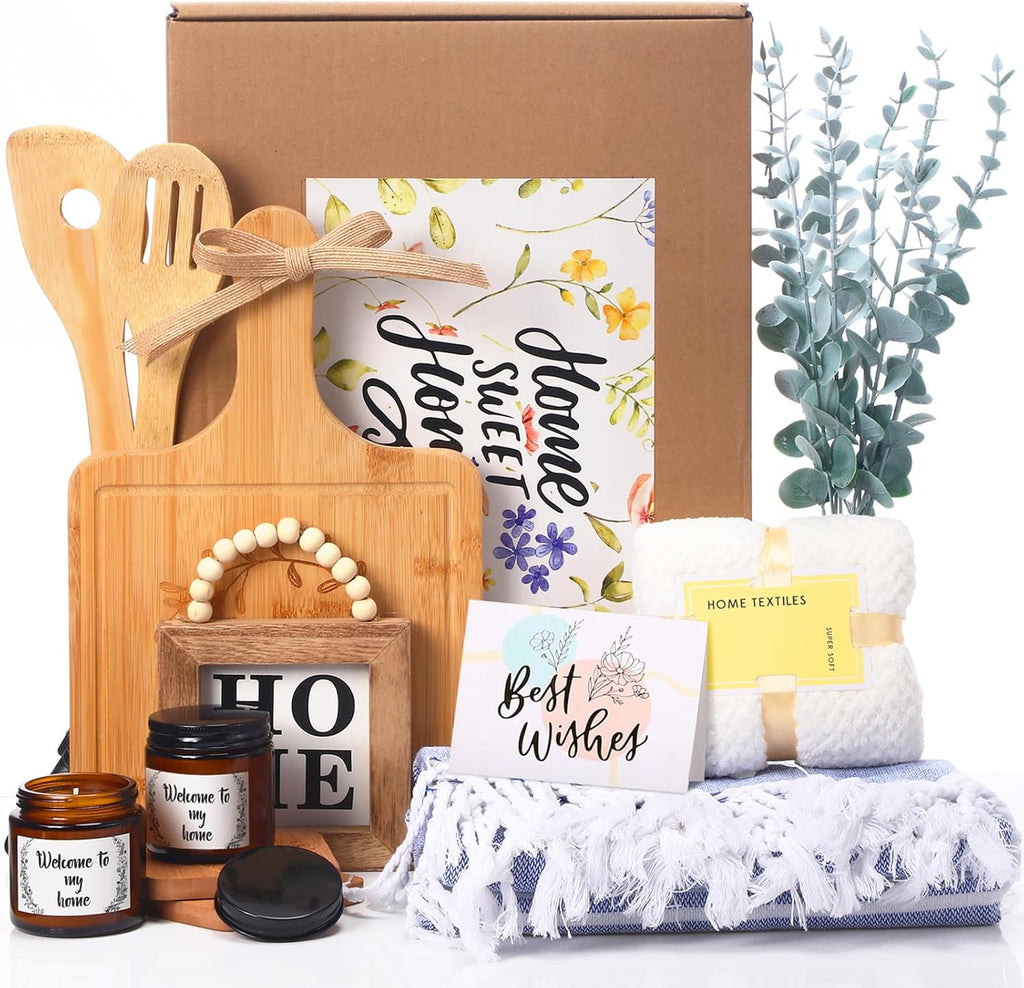 Everythingifts Home Sweet Home housewarming gift basket with engraved cutting board and cozy throw