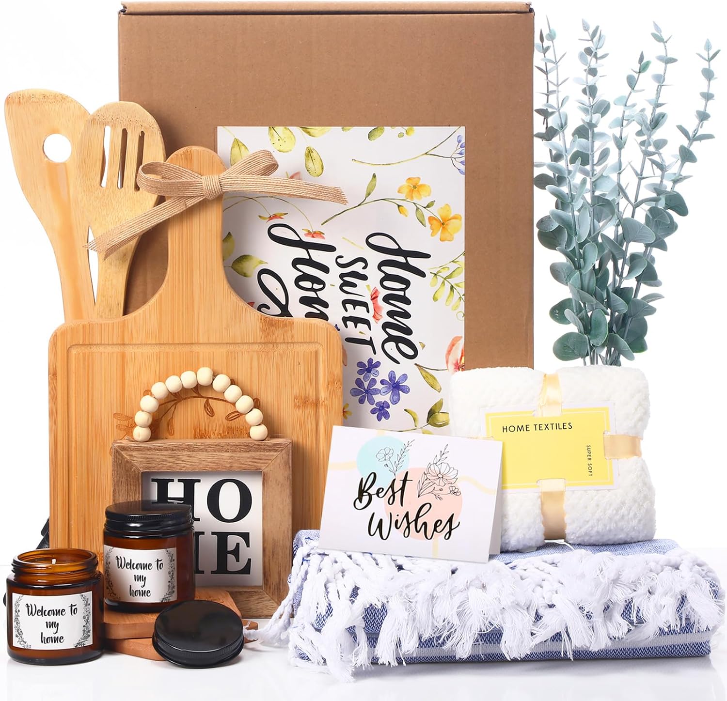 Everythingifts Home Sweet Home housewarming gift basket with engraved cutting board and cozy throw