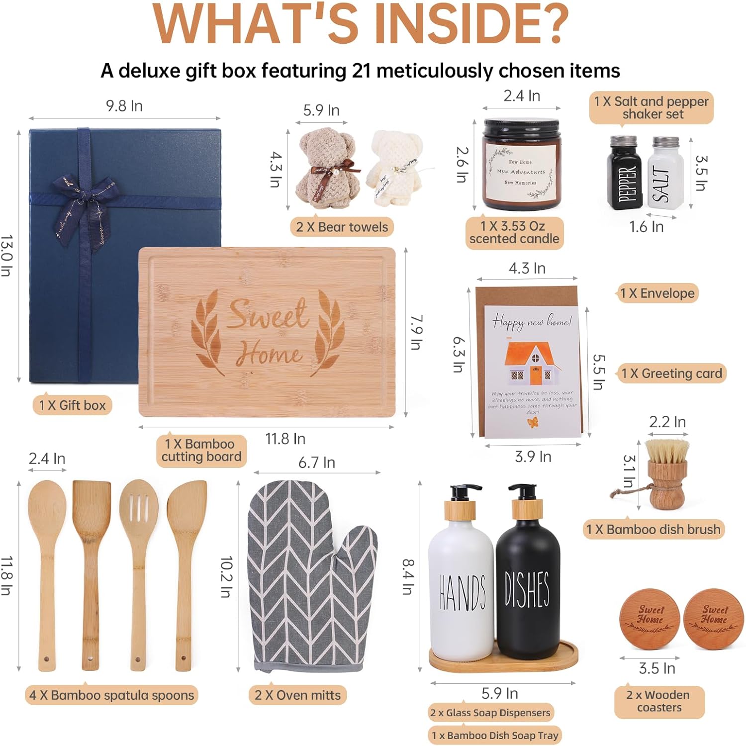 Everythingifts Sweet Home kitchen gift set with engraved cutting board, oven mitts, and soap dispensers