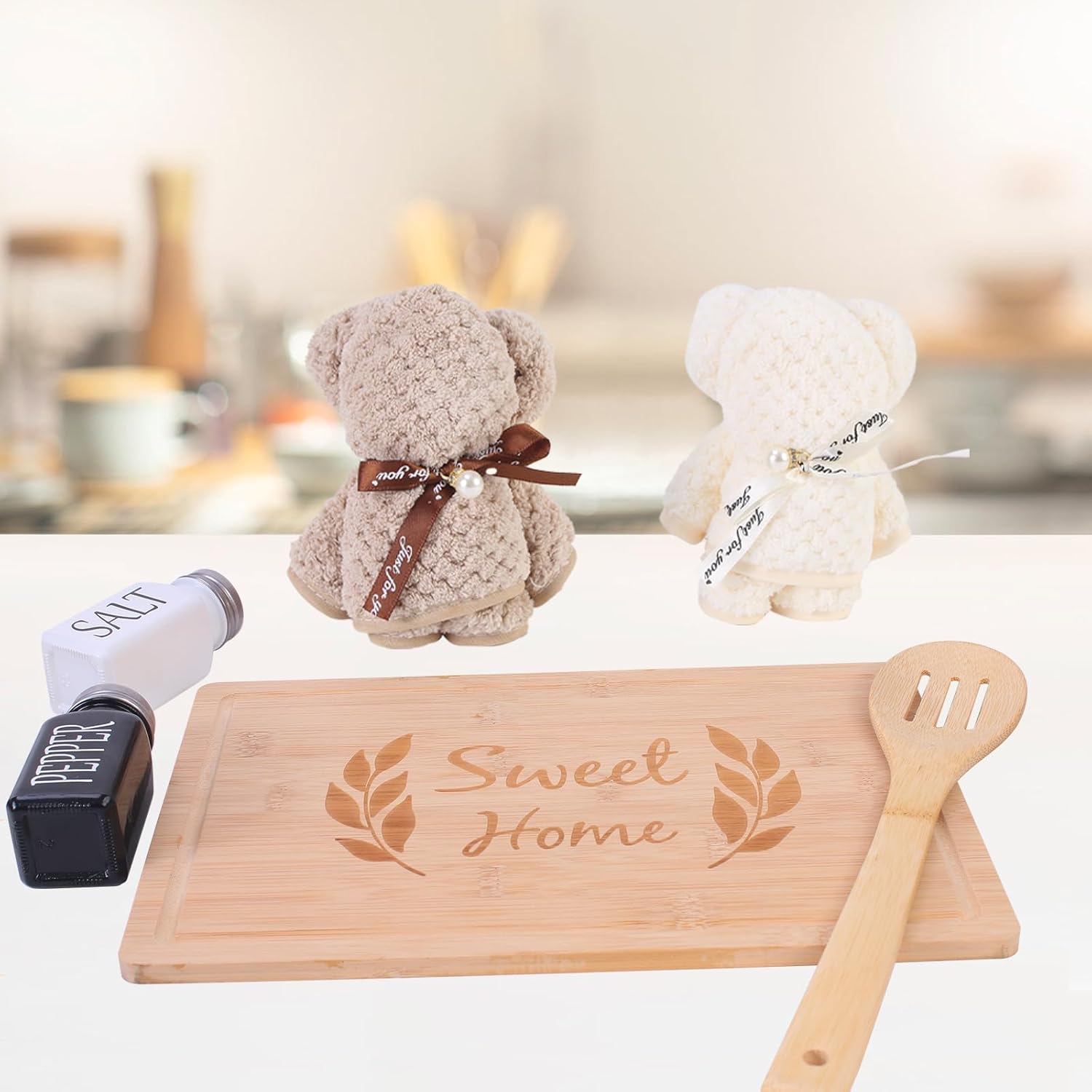 Everythingifts Sweet Home kitchen gift set with engraved cutting board, oven mitts, and soap dispensers