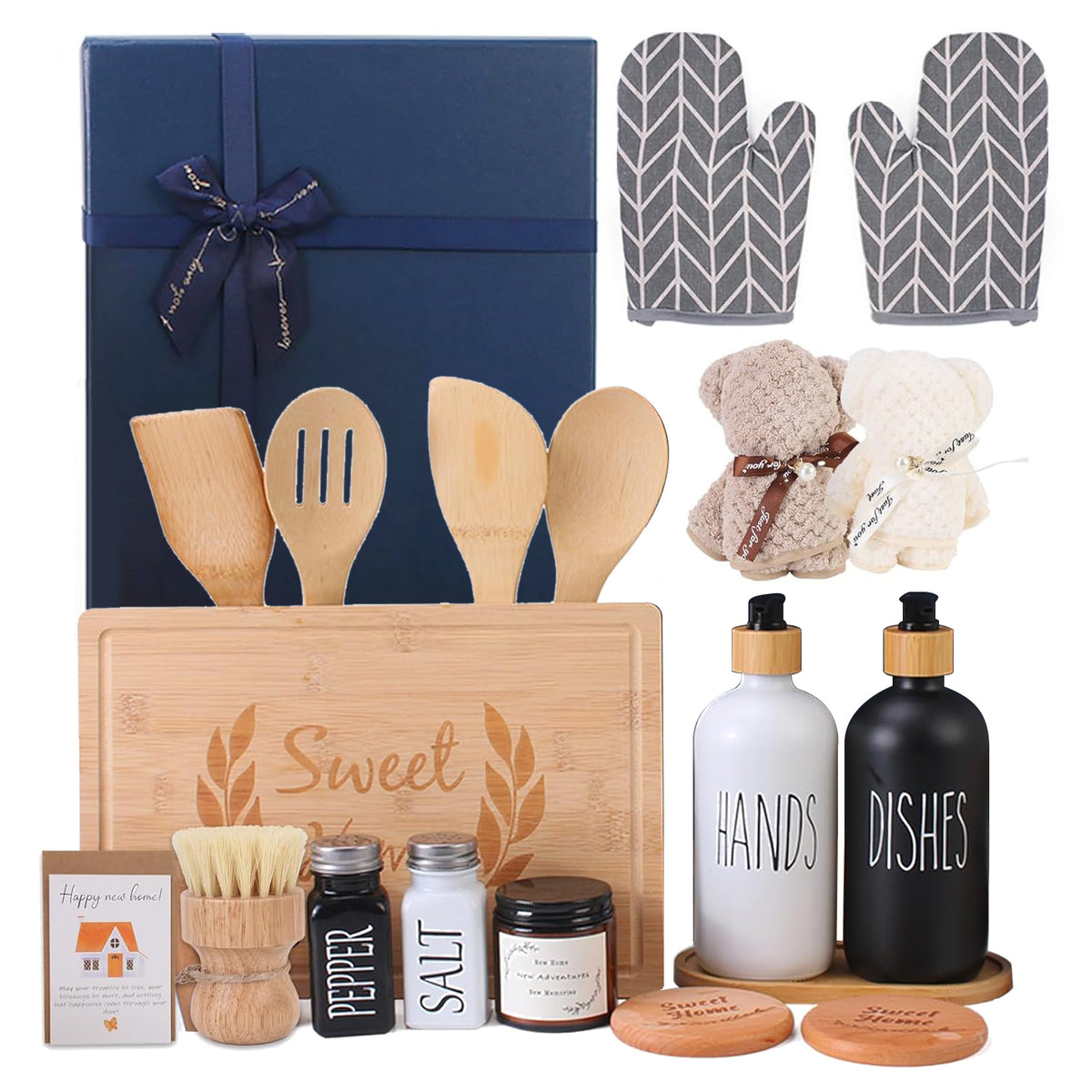 Everythingifts Sweet Home kitchen gift set with engraved cutting board, oven mitts, and soap dispensers