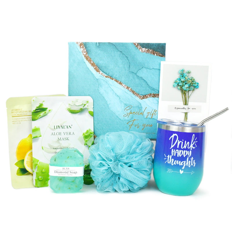 Everythingifts Ocean Bloom spa gift set with diamond soap, bath puff, and dried flower tumbler