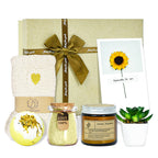 Everythingifts Golden Sunflower spa gift set with aroma candle, bath salts, and succulent
