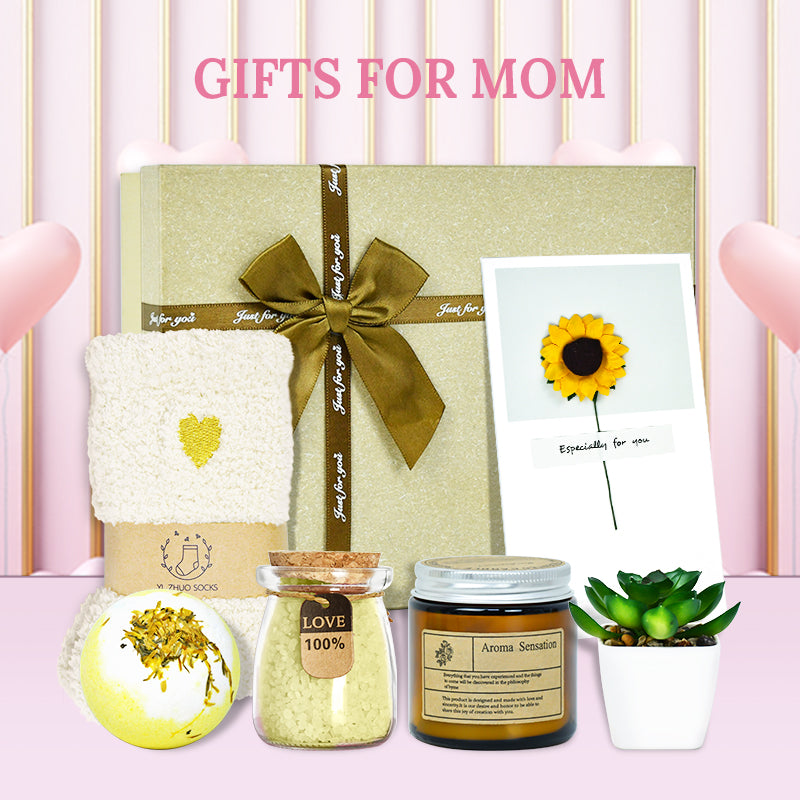 Everythingifts Golden Sunflower spa gift set with aroma candle, bath salts, and succulent