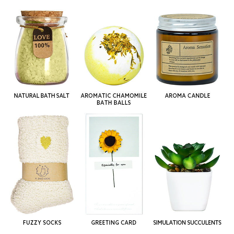 Everythingifts Golden Sunflower spa gift set with aroma candle, bath salts, and succulent