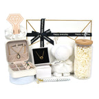 Everythingifts Golden Hour jewelry gift set with knotted necklace, jewelry case, teddy bear towel, glass tumbler, and satin scrunchie
