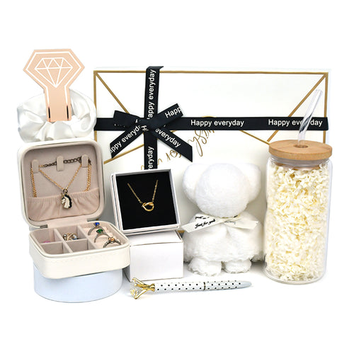 Everythingifts Golden Hour jewelry gift set with knotted necklace, jewelry case, teddy bear towel, glass tumbler, and satin scrunchie