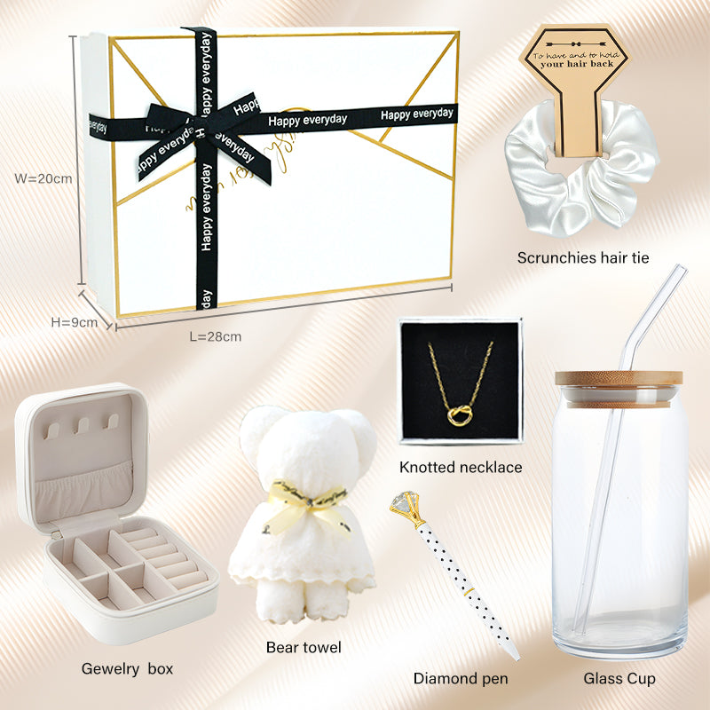 Everythingifts Golden Hour jewelry gift set with knotted necklace, jewelry case, teddy bear towel, glass tumbler, and satin scrunchie