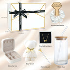 Everythingifts Golden Hour jewelry gift set with knotted necklace, jewelry case, teddy bear towel, glass tumbler, and satin scrunchie