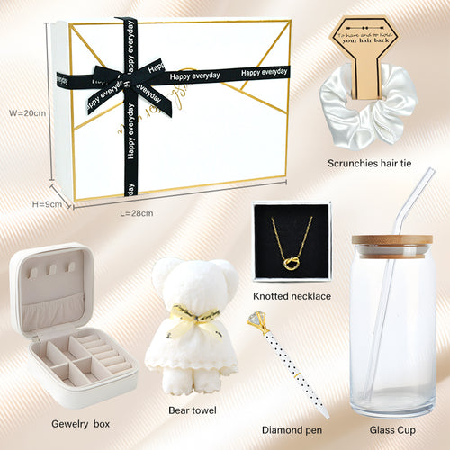 Everythingifts Golden Hour jewelry gift set with knotted necklace, jewelry case, teddy bear towel, glass tumbler, and satin scrunchie