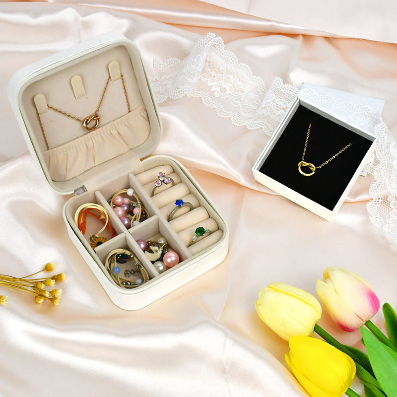 Everythingifts Golden Hour jewelry gift set with knotted necklace, jewelry case, teddy bear towel, glass tumbler, and satin scrunchie
