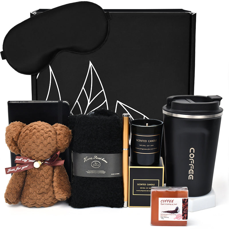Everythingifts Midnight Comfort men's relaxation gift set with coffee tumbler, scented candles, and cozy throw