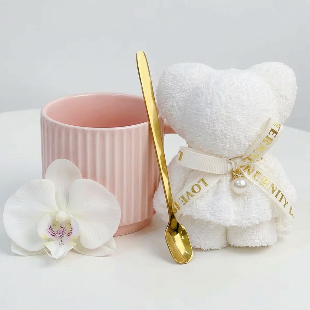 Close-up of the blush pink ceramic mug, gold spoon, silk orchid, and teddy bear towel favor