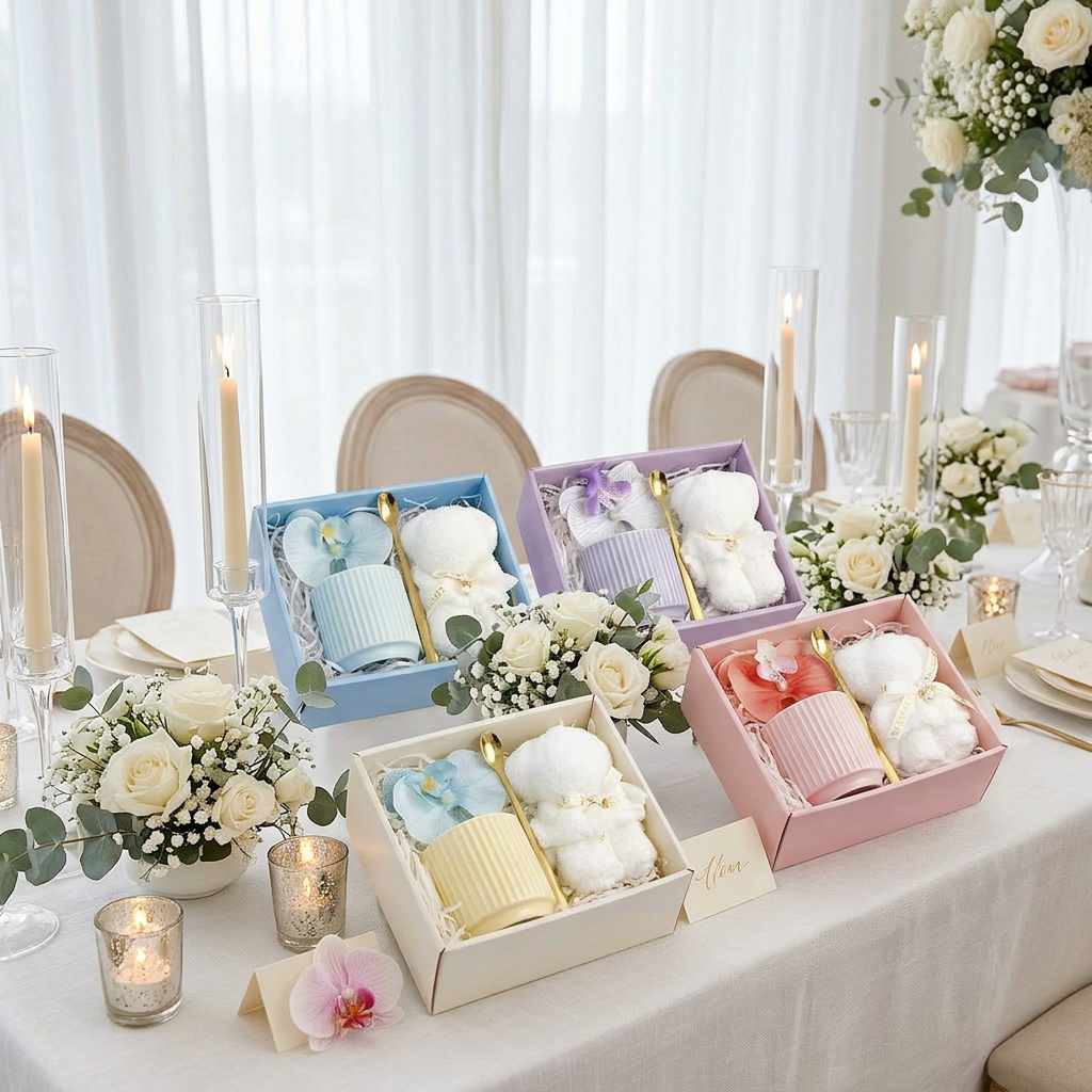 Pink, blue, purple, and cream ceramic mug gift sets with teddy bear towels styled as wedding table favors