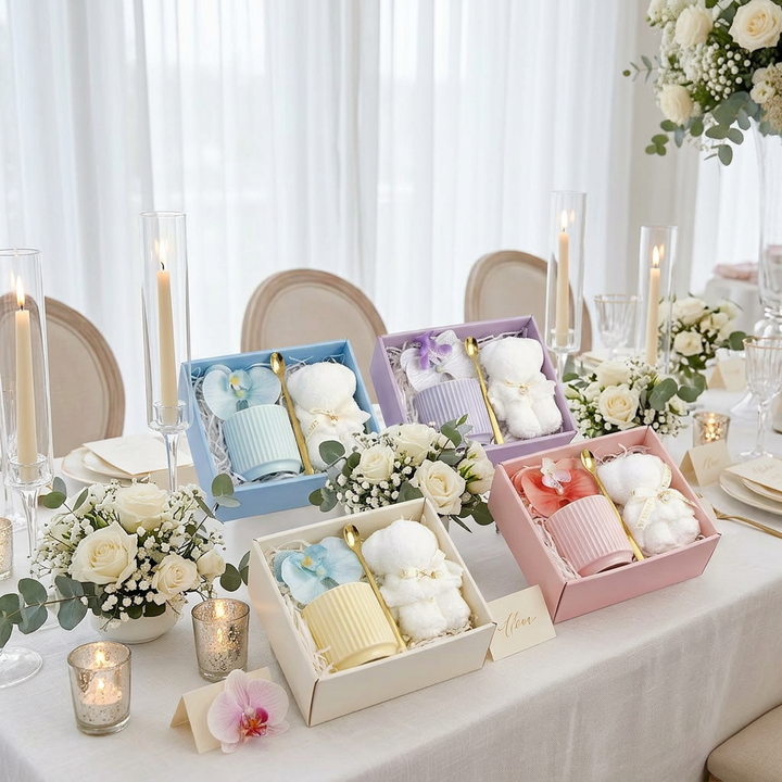 Pink, blue, purple, and cream ceramic mug gift sets with teddy bear towels styled as wedding table favors