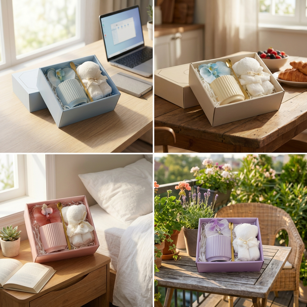 Ceramic mug and teddy bear towel gift set styled across four settings: desk, breakfast table, bedroom, and balcony