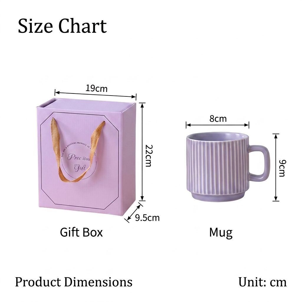 Size chart showing the Precious Gift box (19 x 22 x 9.5cm) and ceramic mug (8cm x 9cm) dimensions