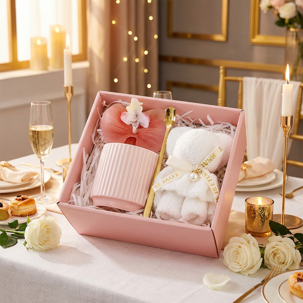 Blush pink ceramic mug gift set displayed on a candlelit dinner table